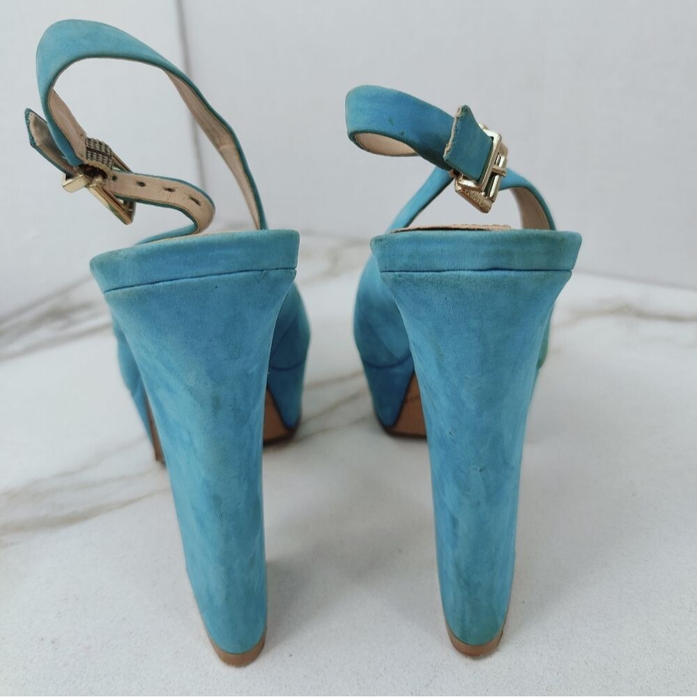 Schutz Turquoise Leather Textile Y2K Style Chunky Platform Peep Toe Heels, 7 - Picture 9 of 15